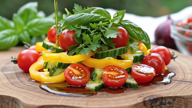 Natural daylight close-up of glossy olive oil being slowly drizzled over a pile of vibrant green herbs and freshly chopped vegetables on a wood slab moisture, food preparation, mediterranean
