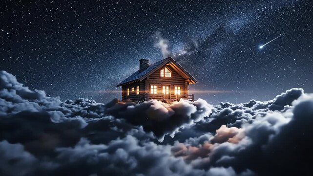 Nighttime cinematic view of a brightly lit cabin floating gently on highly textured, dark night clouds under a stunning expanse of clear starry sky nighttime, celestial, cosmic