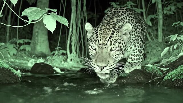 Nocturnal infrared view of a stealthy leopard drinking freshwater from a dimly lit stream in the deep tropical rainforest environment stockvideo, survive, wildlife