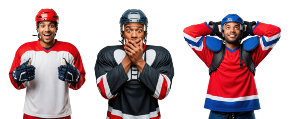 Diverse Male Ice Hockey Players Displaying Emotions in Uniforms with Equipment on transparent background