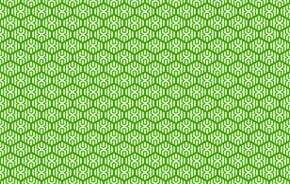 Pola geometris tanpa sambungan dengan garis panah labirin heksagon hijau. Latar belakang abstrak modern minimalis.
