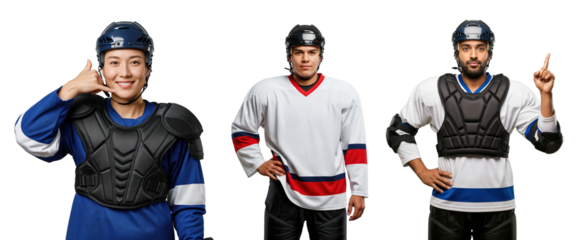 Three Male Hockey Players in Protective Gear Making Distinct Gestures on transparent background