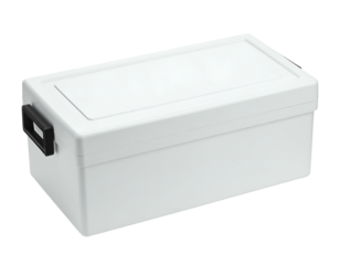 White plastic storage box with handle and hinged lid