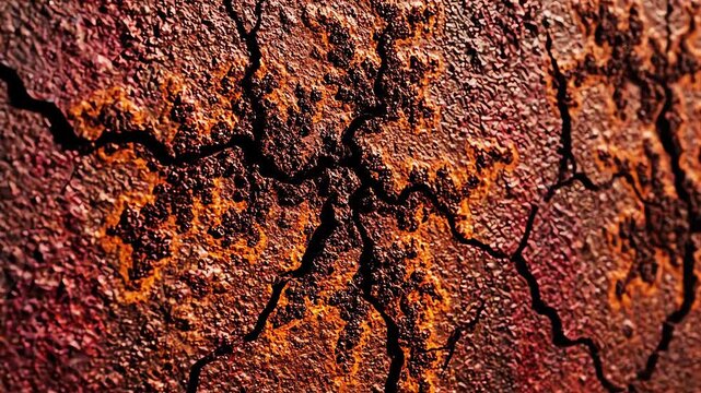 Organic animation of deep earth tone rust subtly propagating and cracking across a textured wall creating a dynamic seamless loop background decay, textured wall, erosion