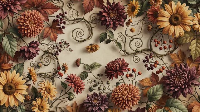 Organic animation showing delicate vintage botanical vines and autumnal flowers gently growing and intertwining to form a continuously moving seamless pattern autumnal, animation, illustration