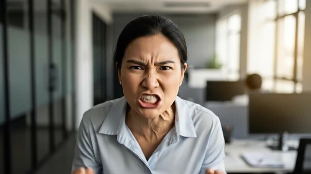 Frustrated Asian Woman in Office Setting Expressing Anger and Stress