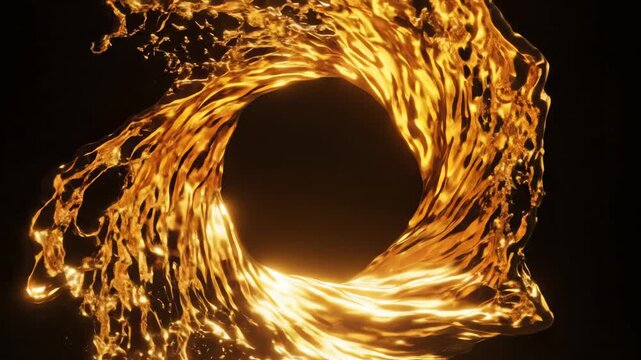 Organic fluid movement of molten liquid gold forming an oscillating circular portal with bright reflections and subtle ripples isolated on absolute black circle, shiny, smooth