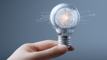 A hand holding a lightbulb with a digital brain to represent innovation artificial intelligence and the evolution of technological thinking.
