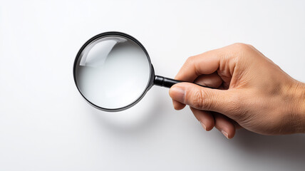 A hand holding a magnifying glass to symbolize investigation detailed review and the search for clarity in analytical processes.
