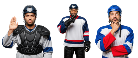 Adult Male Hockey Player Posing in Uniform, Showing Various Expressions for Sports Photography
