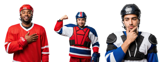 Diverse Male Ice Hockey Players in Team Jerseys Showcasing Different Emotions and Stances