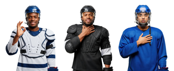 Three Male Hockey Players in Protective Gear with Hand on Heart Gesture and Blue Background