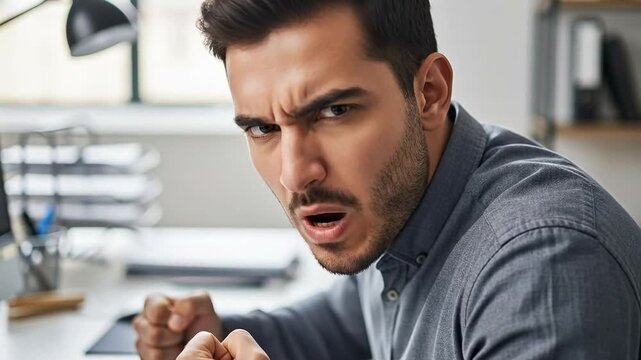 Angry Young Male Professional Sitting at Desk in Office with Frustrated Expression