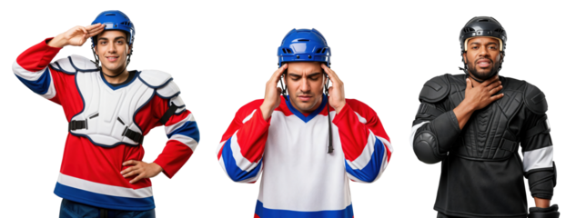 Ice Hockey Players in Jerseys and Helmets Displaying Different Emotions and Poses