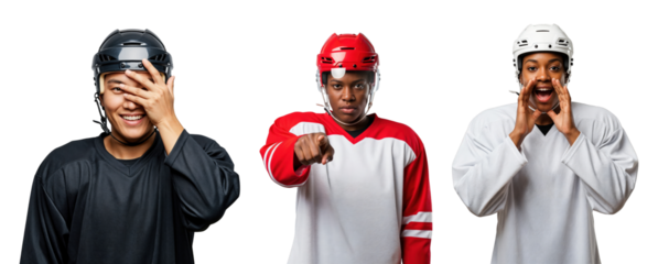 Diverse Male Hockey Players Expressing Emotions on transparent background
