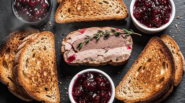 Overhead aerial flat lay view showcasing a perfectly symmetrical arrangement of golden brown toast, exquisite duck terrine, and colorful berry chutney on a dark slate geometric, chef preparation