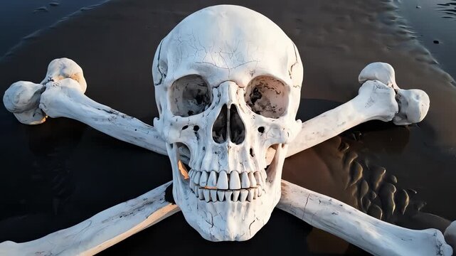 Overhead aerial view of a large stylized skull and crossbones arrangement formed by bleached white bones placed carefully upon dark wet sand isolation, pattern, ocean