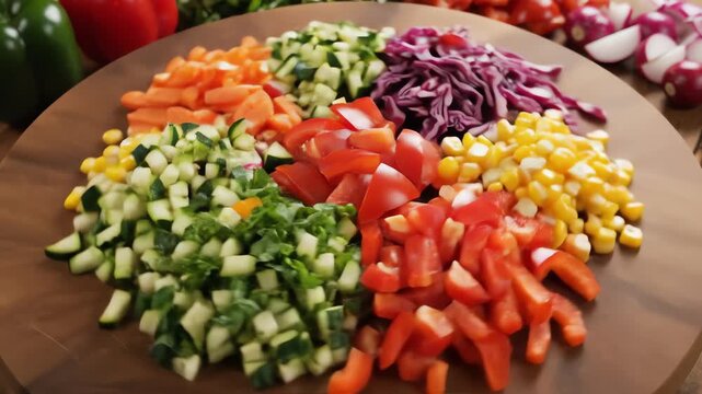Overhead aerial view of a dynamic rotating flat lay composition showing a rainbow assortment of chopped fresh vegetables arranged geometrically on a rustic wooden cutting board lay, flat, top-down