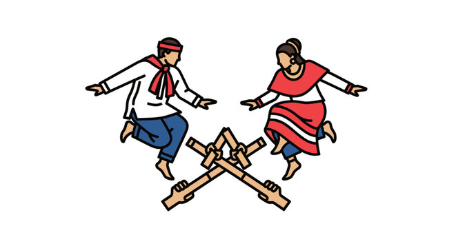 Traditional Filipino Tinikling dancers performing a bamboo dance ritual.