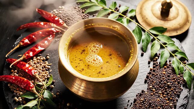 Overhead aerial view showing intense steam rising dramatically from a traditional brass vessel filled with hot rasam surrounded by dried spices on a dark surface indianfood, yellowbroth