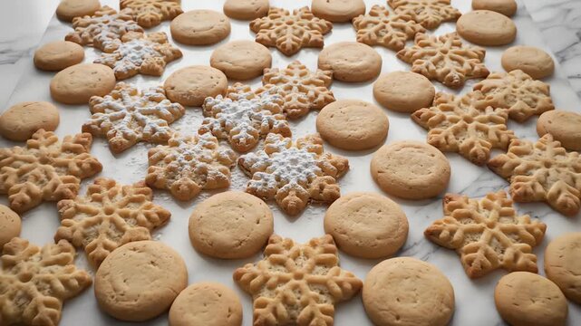 Overhead aerial view zooming out from a precise geometric pattern of freshly baked snowflake and circle cookies resting on a smooth pristine marble surface snowflake, resting, zooming