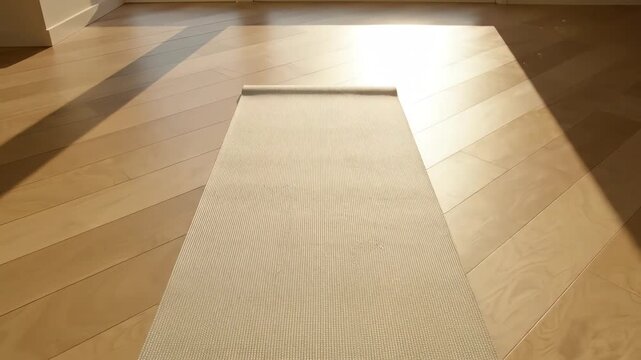 Overhead architectural shot of a clean, empty, sunlit room featuring a beige yoga mat centered on the wooden floor and warm neutral tones light, minimalist, quiet