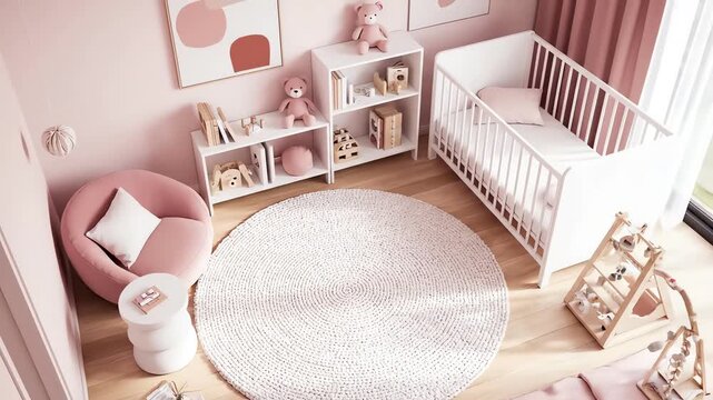 Overhead architectural shot slowly rotates above a perfectly staged pink and white minimalist toddler room highlighting the circular rug and clean furniture layout furniture, toddler, contemporary
