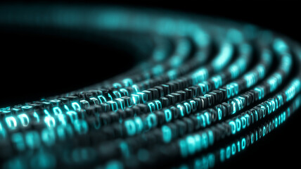 Binary shaped lines forming a digital spiral illustrating data flow to represent coding communication and information transfer.
