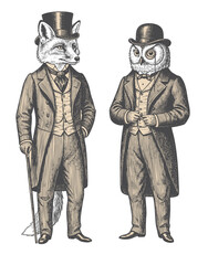 Vintage animal characters dressed as Victorian gentlemen, engraving illustration of people with animal head