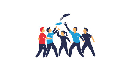 Group of people playing frisbee reaching up to catch the flying disc. © Roti