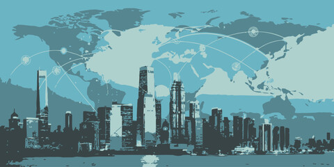 Modern flat vector illustration of global business concept featuring international icons and city landscape for corporate presentations