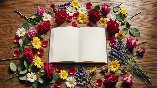 Overhead cinematic dolly shot smoothly pulling back from a perfectly blank open book resting surrounded by scattered colorful flowers on a wide oak desktop dynamic, open notebook, organization
