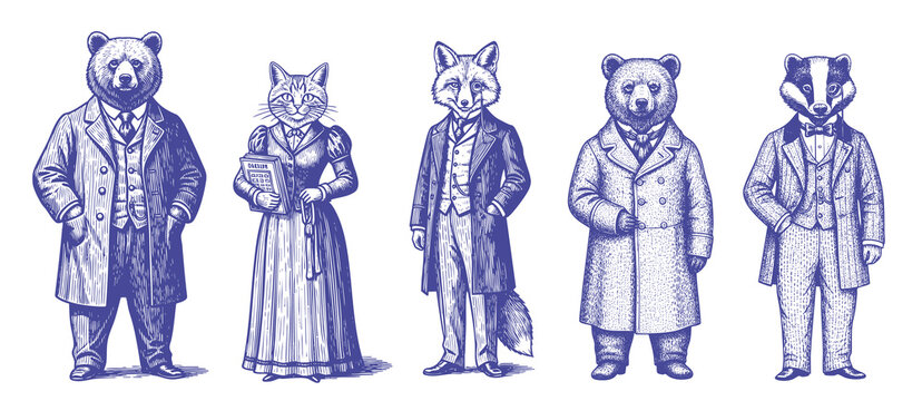Vintage animal characters dressed as Victorian gentlemen, engraving illustration of people with animal head