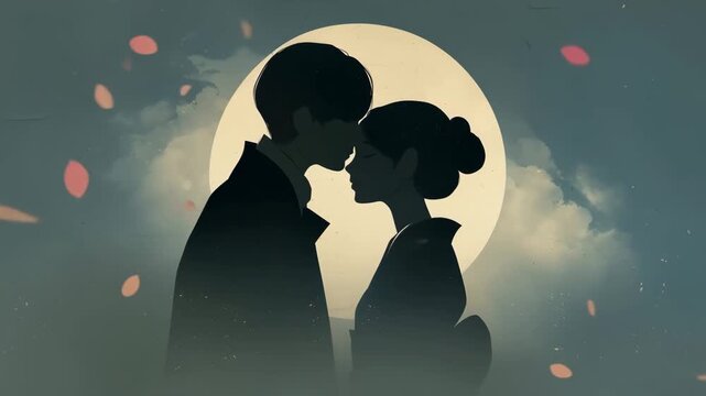 大正風衣装の日本人男女が満月の前に立つ、静かな恋情の場面