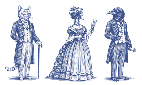 Vintage animal characters dressed as Victorian gentlemen, engraving illustration of people with animal head