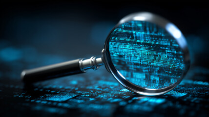 A magnifying glass inspecting a digital surface to represent data analysis scrutiny cybersecurity evaluation and detailed verification.
