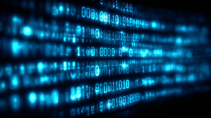 A flowing digital stream of binary symbols representing data transmission and the concept of information security visualization.
