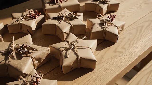 Overhead cinematic shot of an organized, minimalist arrangement of rustic, eco-friendly star-shaped gifts wrapped in brown paper slowly panning across a pale wooden table presentation