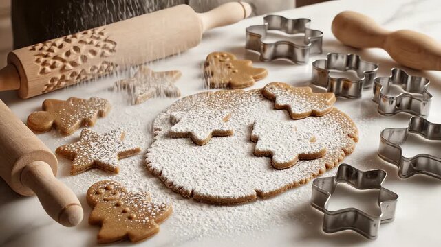 Overhead cinematic shot of fine white flour slowly dusting over various raw gingerbread dough shapes and wooden baking tools laid out on a clean counter culinary, food, winter