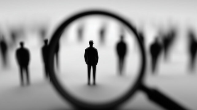 A magnifying glass focusing on a single figure among many silhouettes symbolizing targeted analysis and precision in human selection processes.
- Powered by Adobe
