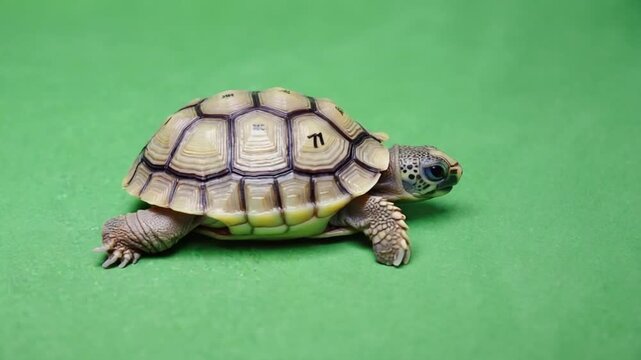 Small tortoise walking on green background with unique shell markings