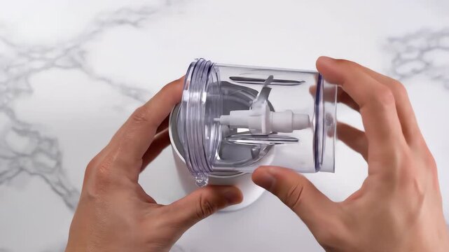 Overhead close-up shot of the transparent cup section of a modern portable mini blender being smoothly connected and screwed onto the main motor base transparent cup section, appliance setup