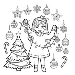 Christmas Coloring Page for Kids with Cute Girl Decorating Christmas Tree and Ornaments