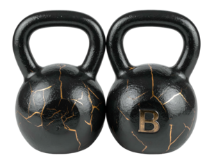 Two black kettlebells with golden cracks and one with a bronze letter B