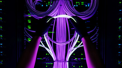 Abstract neon light display showing cables and a human face silhouette