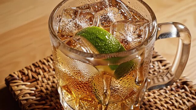Overhead dolly shot of a heavy glass mug with a refreshing cold drink centered on a rustic woven bamboo coaster against a minimal backdrop product placement, clear glass, minimal backdrop