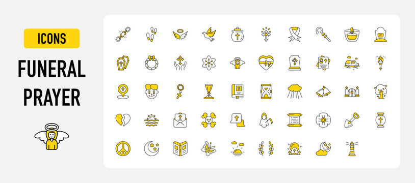 Set of Funeral Prayer vector. Broken Chain, Footprint, Funerary, Wings, Dove, Cross, Black Ribbon, Shepherd, Candle, Gravestone, Coffin Cross, Wreath, Praying, Flowers, Angel, Ribbon illustration. 