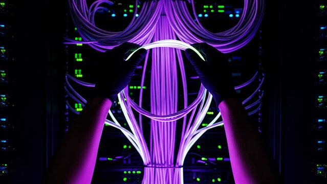 Abstract neon light display showing cables and a human face silhouette - Powered by Adobe