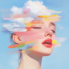 Dreamlike portrait of beauty embraced by colorful clouds in a whimsical sky