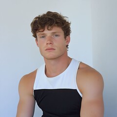 Athletic young man posing in bright room portrait photo casual setting natural light